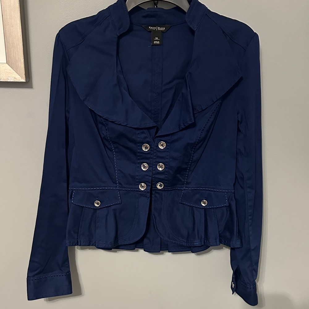 White House Black Market Navy Blazer with Ruffle Detail